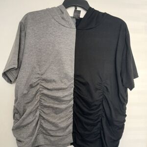 Women's Gray and Black Ruched Short Sleeve Hoodie Top NWOT
